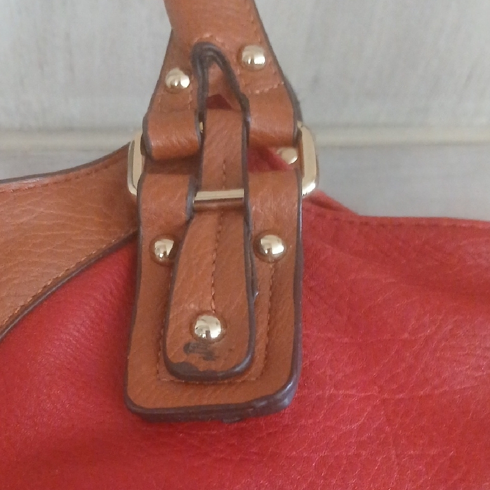Michael Kors Red and Tan Shoulder Bag with Metallic Accents Double Handles - Picture 4 of 12